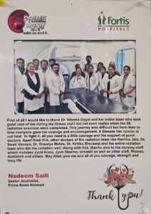 Group photo of Dr. Vineeta Goyal with the Radiation Oncology Team at Fortis Hospitals alongside a heartfelt thank-you note from Senior Journalist Nadeem Saifi appreciating the care and support received during his cancer treatment.